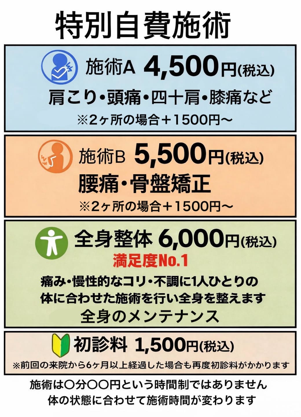 特別自費施術 料金メニュー